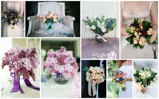 Wedding bouquet collage. Wedding flowers from different ceremonies