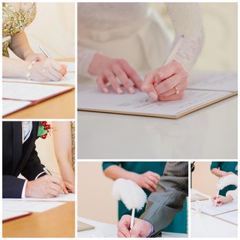 Wedding registration process. Bride and groom sign in the registration book