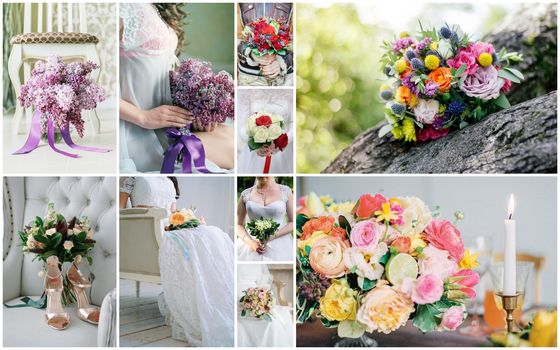 Wedding bouquet collage. Wedding flowers from different ceremonies