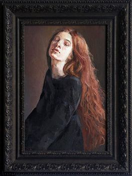 The brown-haired woman in a classic black dress is a little tired. The background is created in various shades of brown. framed oil painting on canvas.