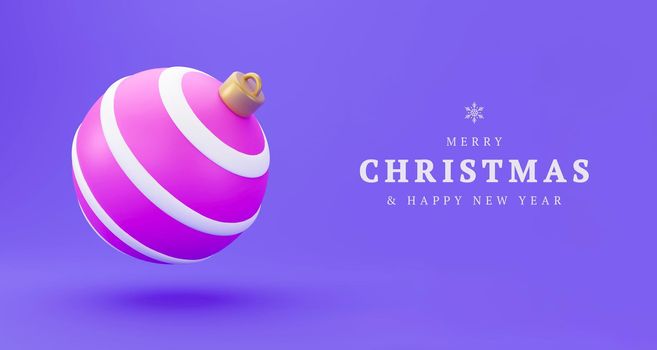 pink Christmas decoration ball 3d render with copy space. Happy New Year bauble sparkling, wintertime decoration sphere hanging adornment modern traditional symbol