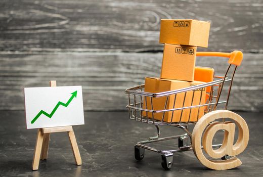 Shopping cart filled with boxes, email symbol and stand with green up arrow. shopping online. Growth rate of Internet sales, advertising services. E-commerce. sales of goods and services