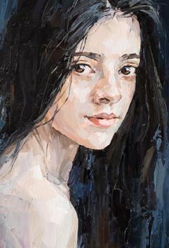 Portrait of a brunette girl. The background is dark blue. Oil painting on canvas.