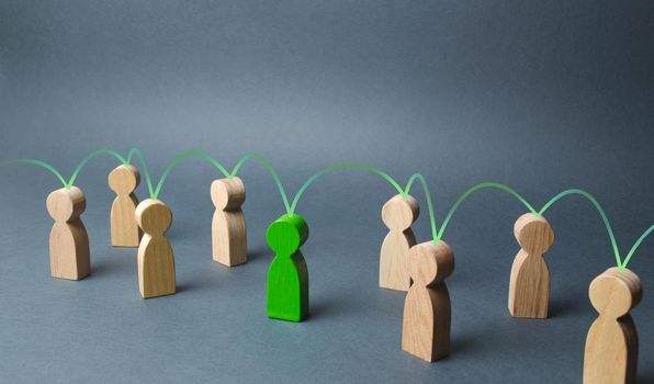 The green figure of a person unites other people around him. Social connections, communication. Organization. Call for cooperation, creating a new team. Leader and leadership, coordination and action,