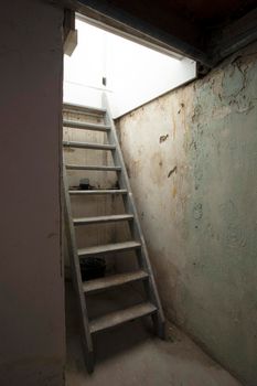 Cellar wooden Stairs leading down to stone and brick lower level in dark basement, old abandoned building scary