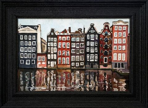 Cityscape of the city of Amsterdam. River and houses with white windows. Framed oil painting on canvas.