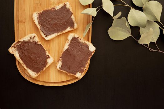 A composition of three white toasts smeared with chocolate butter that lie on a cutting board against with leaves a dark background. top view with area for text