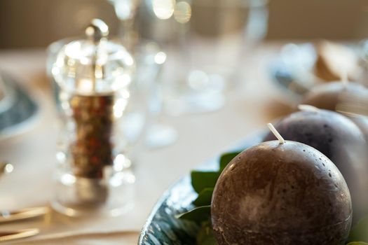 Elegant dinner table served for banquet event. Close up.