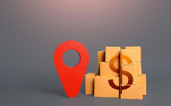 Cardboard boxes with dollar and red pin location tracking symbol. Transportation services logistics, warehouse management. Import export. Delivering. Tracking of deliveries. Freight infrastructure