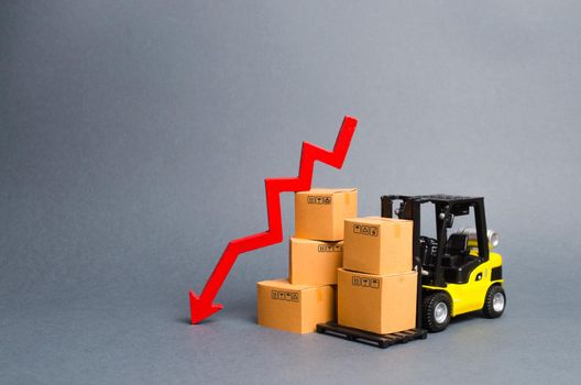 Yellow Forklift truck with cardboard boxes and a red arrow down. Concept drop in industrial production, business. economic downturn. Production, purchasing power. Reduced storage and logistics costs