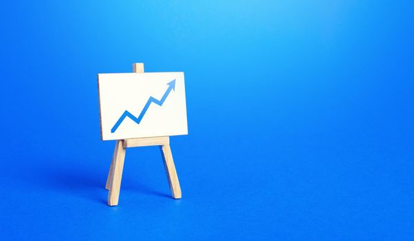 Easel and up arrow chart. Concept of success, growth and performance improvement. Statistics and business analytics. Income revenue statement analysis. High efficiency, productivity. Economic progress