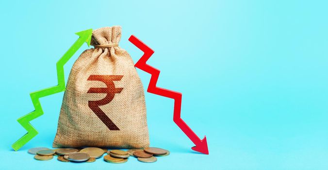 Indian rupee money bag and two arrows of profit loss. Income expense. Debit and credit. Financial flows. Capital movement. Trade balance. Deposits or lending in banks. Budget implementation.