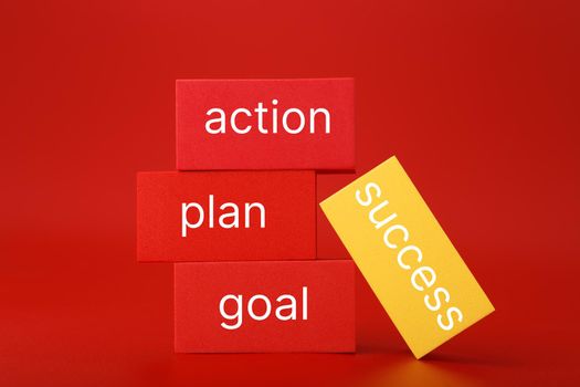 Trendy minimal success formula or business development or strategy concept in red colors.Goal, plan, action written on red and yellow rectangles against red background