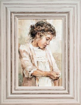 The framed painting is created in oil with expressive brush strokes. A young girl is depicted on a beige background.