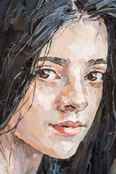 Portrait of a brunette girl. The background is dark blue. Oil painting on canvas.
