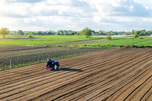 A farmer on a tractor cultivates a field. Land cultivation. Seasonal worker. Recruiting and hiring employees for work in a farm. Farming, agriculture. Preparatory earthworks before planting a new crop