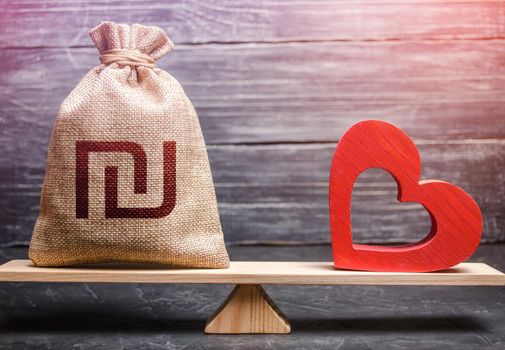 Israeli shekel money bag and red heart on scales. Funding healthcare. Health life insurance financing concept. Support and life quality improvement. Reforming and preparing for new challenges.