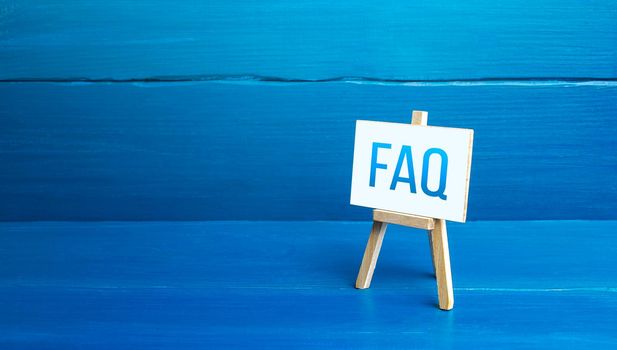 Easel with FAQ (frequently asked questions). Available answers to overcome difficulties and misunderstandings. Guide, navigation. Tips, comments. Explanation in simple language. Instructions and rules