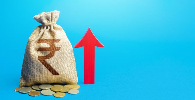 Indian rupee money bag with red arrow up. Raising taxes. Deposit interest. Increase in profitability and prosperity, higher living standards. Recovery of financial system after crisis. Budget growth