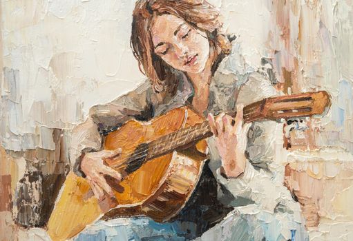 .The girl plays the guitar. Music lessons. Oil painting on canvas.