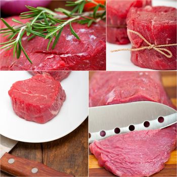 collection of different raw beef cuts collage white frame