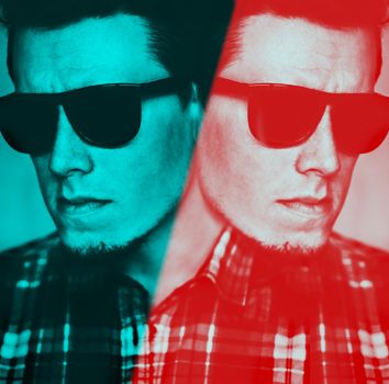 Portrait of handsome young man in sunglasses and plaid shirt, photo processed in the style of three-dimensional graphics, double exposure color.