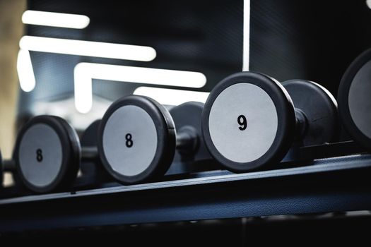 Close up photo of new dumbbells on a rack in a gym