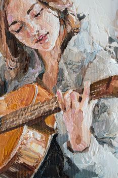 .The girl plays the guitar. Music lessons. Oil painting on canvas.