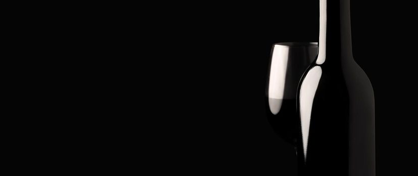 Red Wine Alcohol Drink. Bottle and Glass Red Wine on Black Background Illuminated in the Dark. Banner