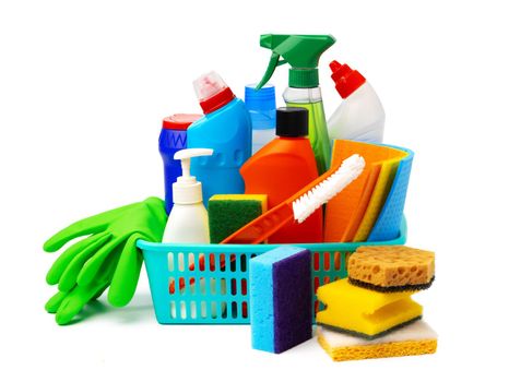 Cleaning items in basket isolated on white background, close up