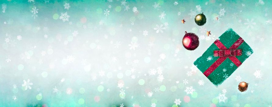 Merry christmas and Happy New Year celebration concept, background with snowy,present box and christmas balls,copy space