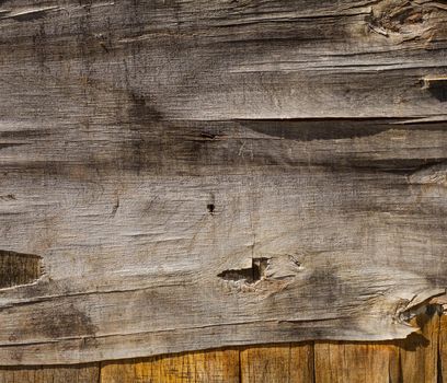 Retro wooden background, cracked plywood wall under the sunshine