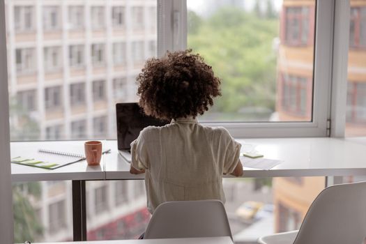 Back view of Afro American lady sitting in front of the window and typing on a laptop in the office