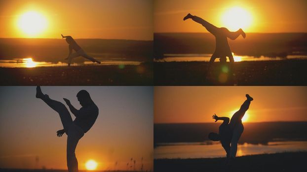 4 in 1 - fcrobat male is performed capoeira fighting in front of orange sunset, telephoto shot