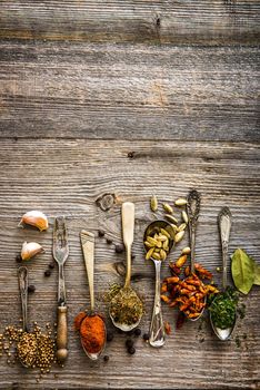 seasonings and spices in the spoons on a brown wooden table
