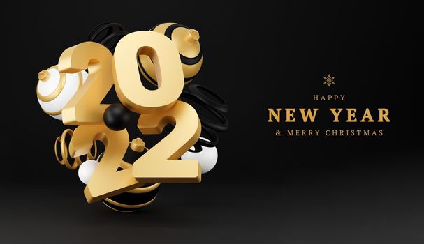 2022 new year abstract background with 3d spheres. black and gold Christmas luxury minimal concept. Decoration design for New Year. 3d rendering