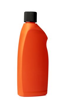 Orange plastic bottle of liquid detergent isolated on white background