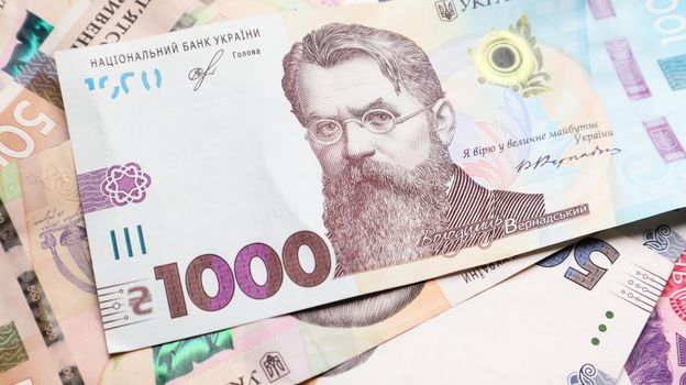 One paper note in 1000 hryvnias. Portrait of Vladimir Ivanovich Vernadsky for 1000 hryvnias on a Ukrainian banknote. Ukrainian money.