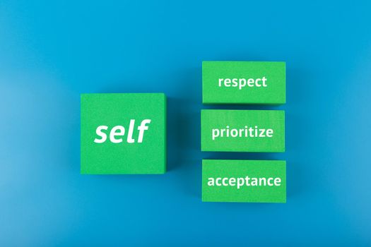 Self respect, acceptance, respect and prioritize concept in blue colors. Mental health, self love and wellness concept. Mental health, self love and wellness concept or psychological health