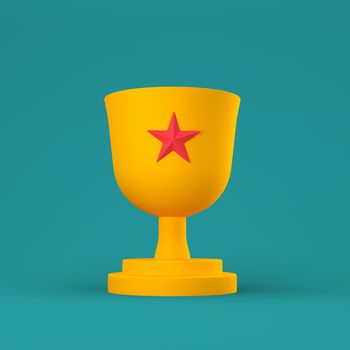 orange Trophy cup with red star on pastel background. minimal victory concept. 3d rendering