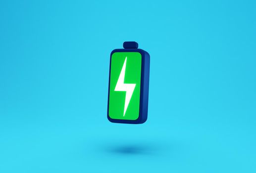 Green battery with lightning bolt charge symbol creative concept. minimal cartoon battery icon on pastel blue background. Quick and fast charging concept. 3d rendering with copy space for text