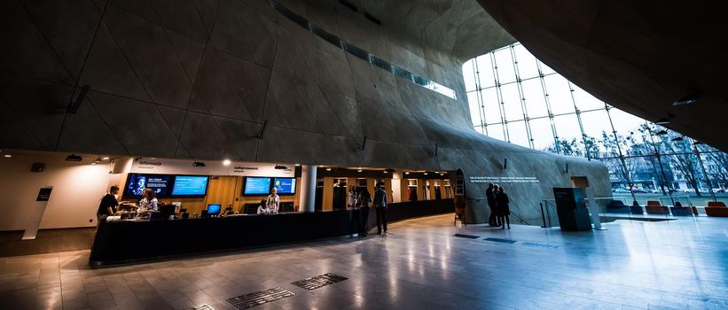 Warsaw, Poland - March 08, 2015: Interior Museum of the History of Polish Jews, built in years 2009-2013, documents the millennial tradition of Jews in Poland in Warsaw