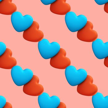 Love seamless pattern creative concept. two romantic blue and red hearts on a pink background. Valentine day card or web banner template, 3d rendering