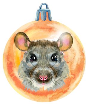 Watercolor Christmas orange ball with rat isolated on a white background.