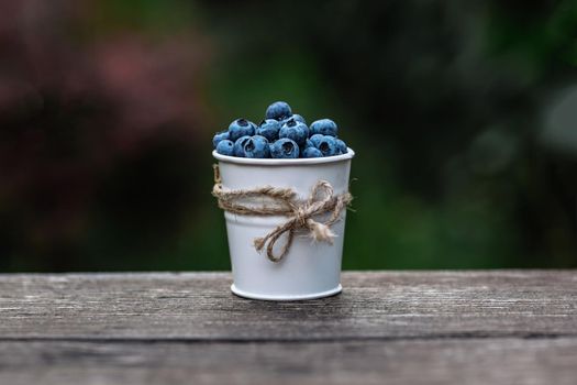 Some blueberries in a decorate small bucket on wooden banch in the garden on summer sunset, healthy food concept