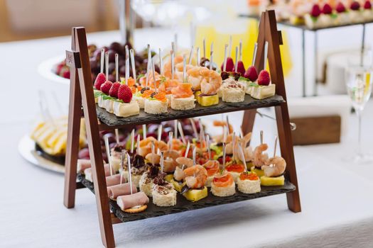 Different light snacks on tray at the table on wedding party