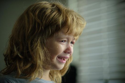 Small boy crying with tears. Portrait of a kid Cry at home. Child Emotions