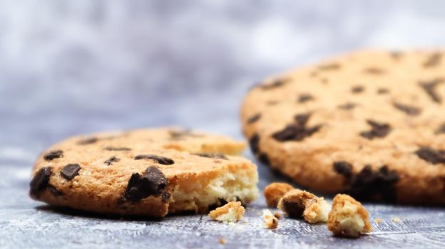 One soft, freshly baked chocolate chip cookie on a gray marble kitchen countertop. American traditional dessert. Delicious sweet food. Homemade baking concept for the holiday. Culinary background.