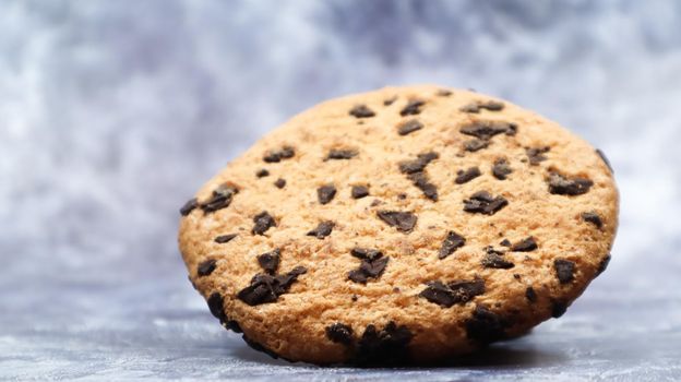 One soft, freshly baked chocolate chip cookie on a gray marble kitchen countertop. American traditional dessert. Delicious sweet food. Homemade baking concept for the holiday. Culinary background.