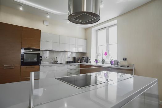 Modern electric stove surface in white light kitchen close up